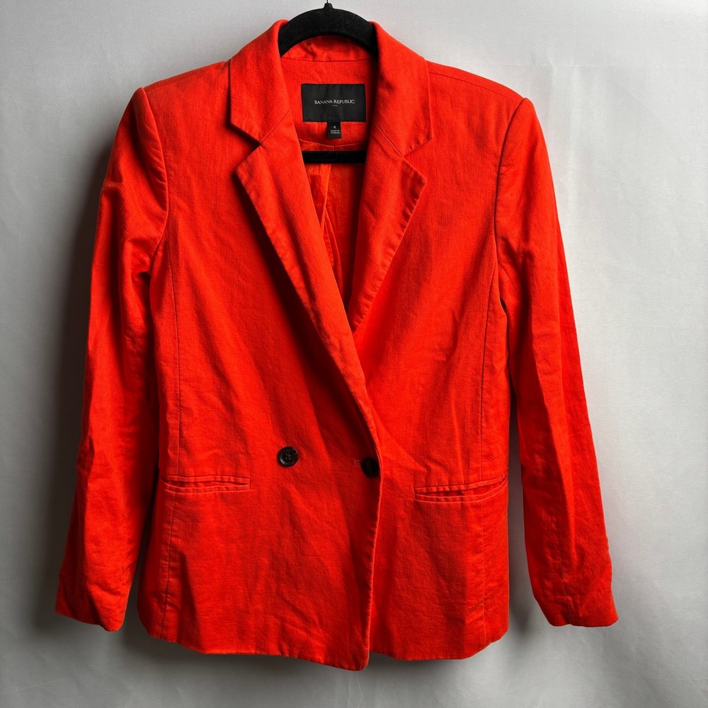 Banana Republic Womens 4 Trailblazing Linen 2-Button Blazer Orange Red Dopamine